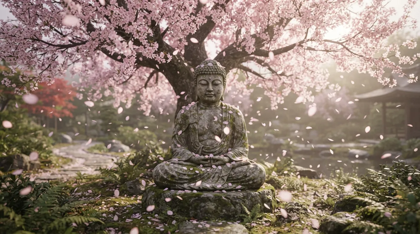 A Buddha statue with beautiful cherry blossom petals gently falling around it in the morning.
