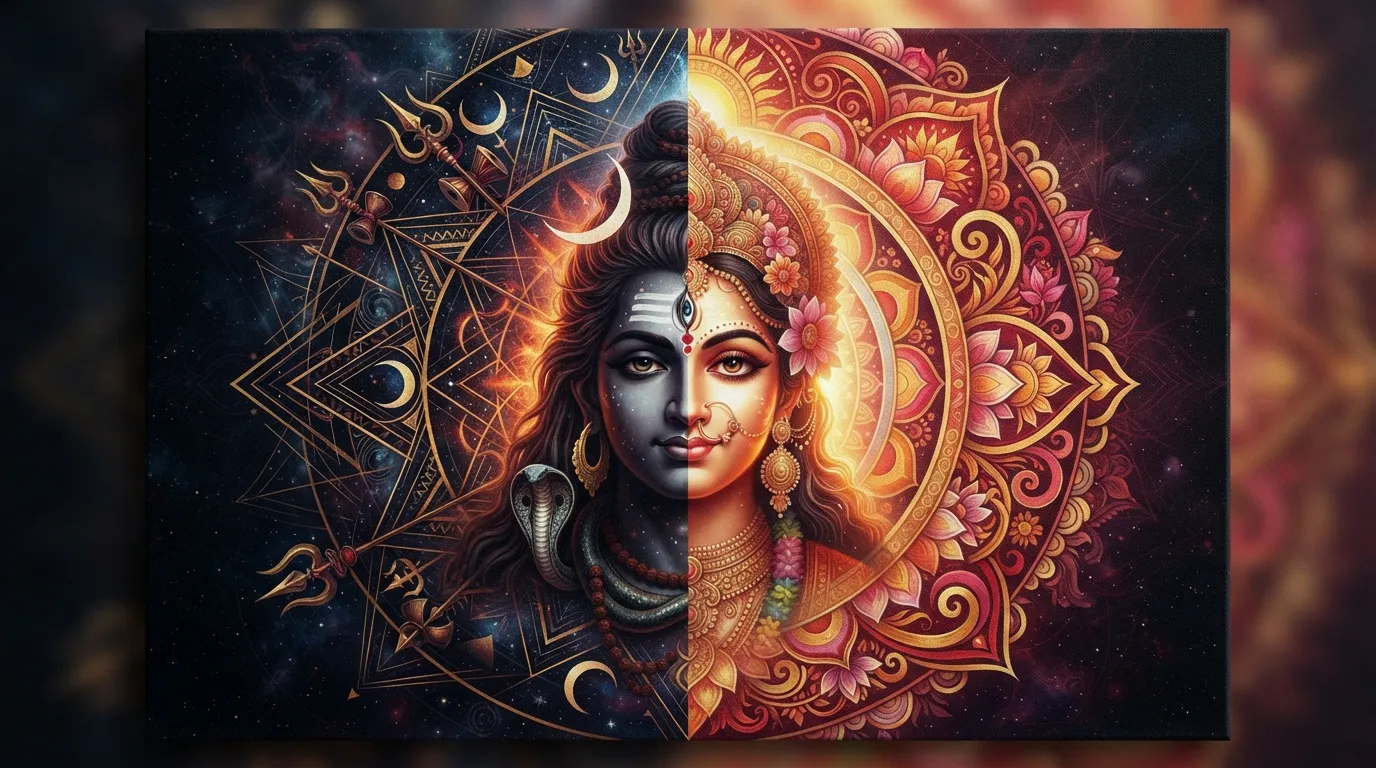 Sacred geometry mandala art splitting cosmic Shiva motifs and earthly Parvati symbols