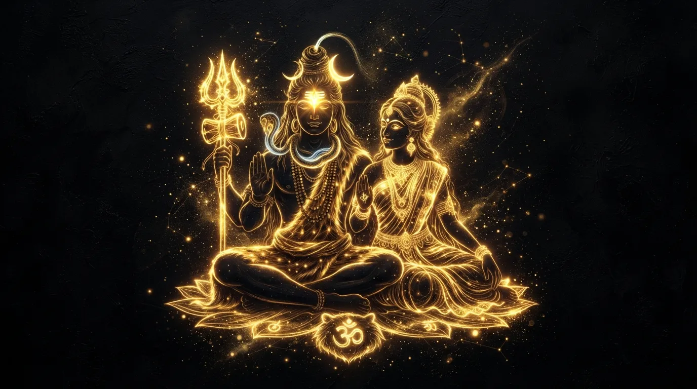 Modern glowing gold neon lighting portrait of Shiv Parvati for stylish WhatsApp DP.