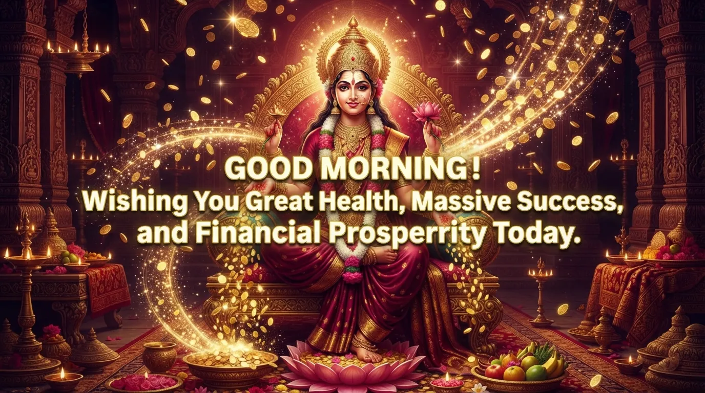 Goddess Laxmi showering golden coins for wealth and prosperity good morning