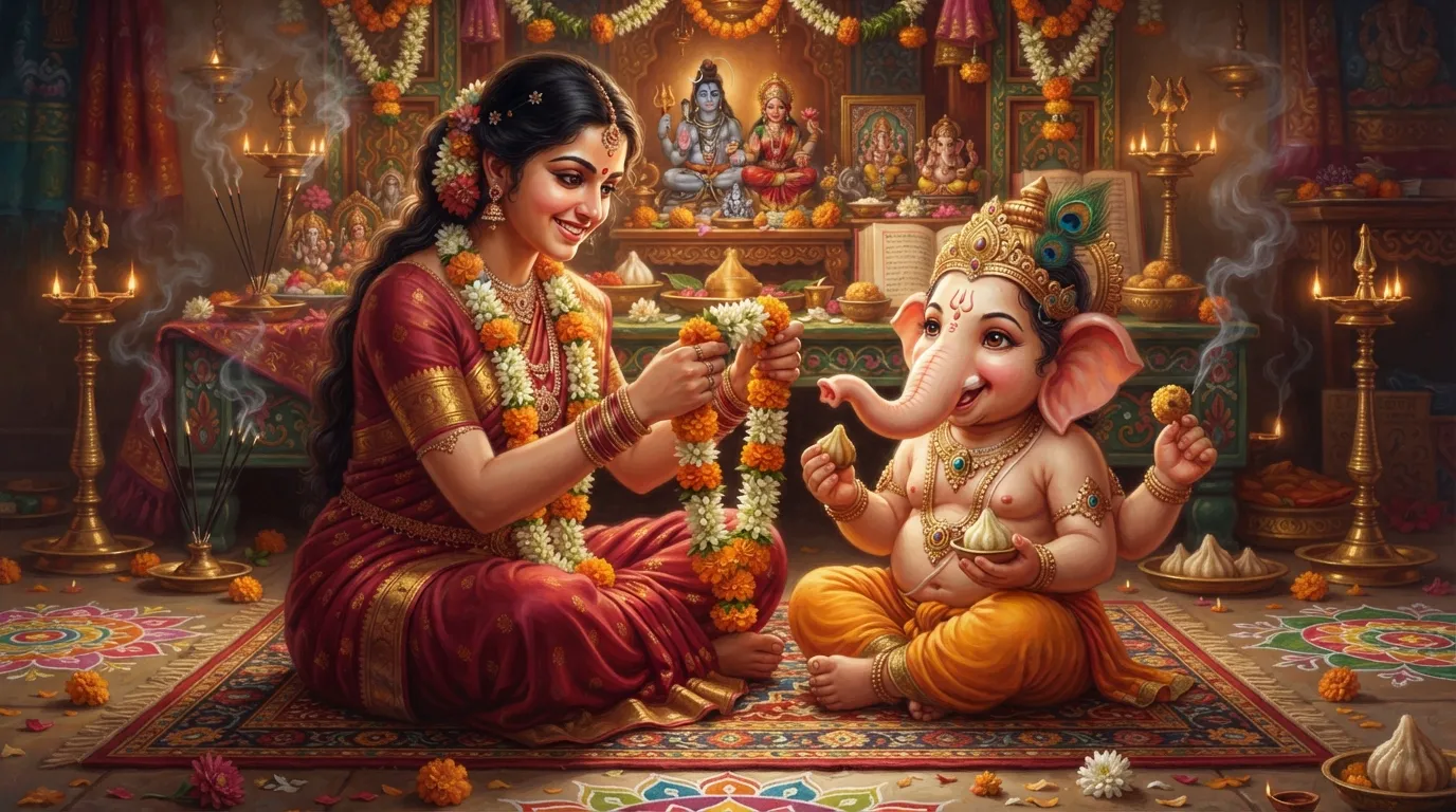 Goddess Parvati gently placing a fresh marigold garland around the neck of young Ganesha