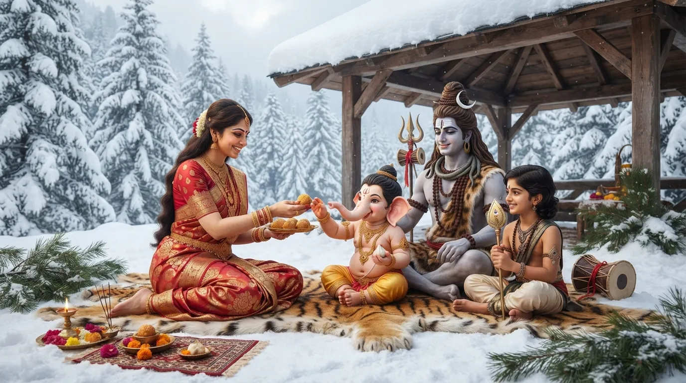 Goddess Parvati gracefully distributing sweet prasad to Lord Shiva, Ganesha, and Kartikeya in a snowy landscape.