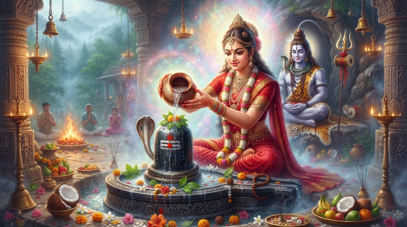 Goddess Parvati offering Ganga Jal to Shivling with Lord Shiva