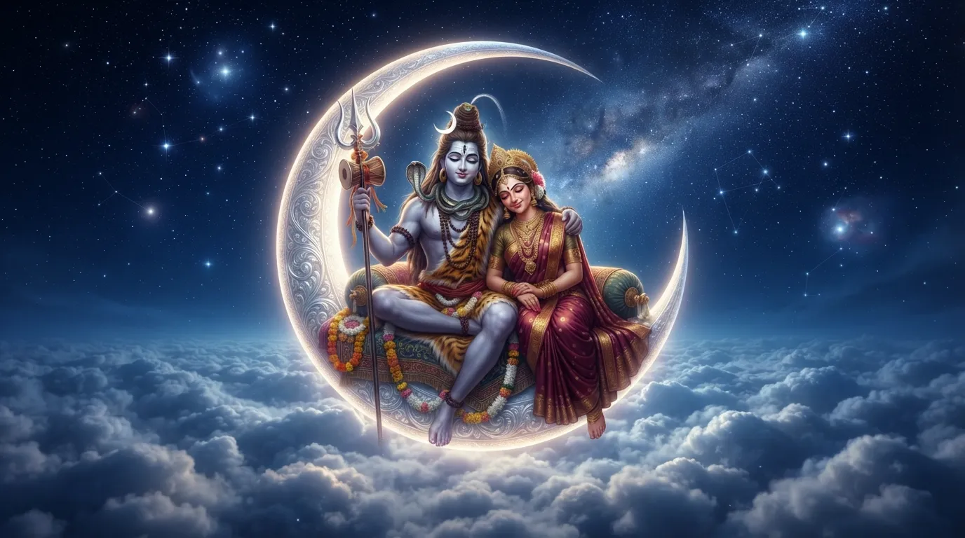 Shiva and Parvati sitting comfortably together on a large glowing silver crescent moon in a starry night sky.