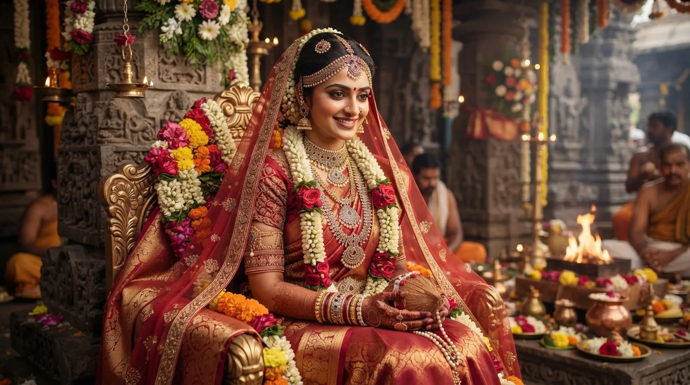 A full-length portrait of Goddess Parvati looking radiant in a traditional red saree adorned with intricate gold embroidery and heavy jewelry.