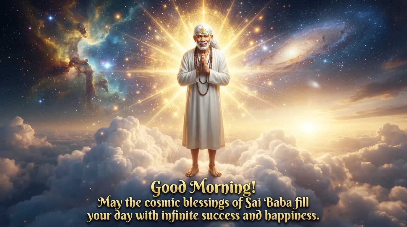Majestic full length Sai Baba image with a golden aura for morning wishes