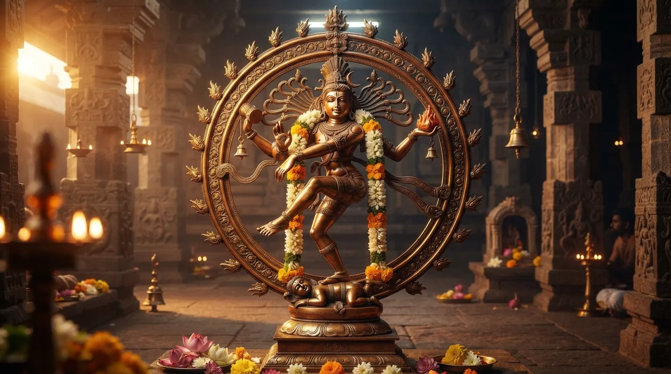 Lord Nataraja idol in Chidambaram temple glowing in golden morning light with a good morning quote.
