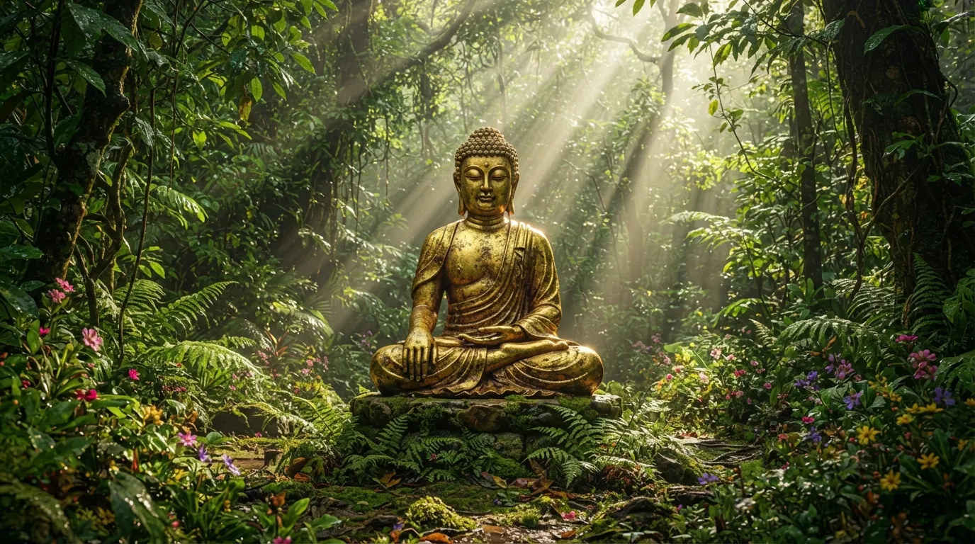 Peaceful golden Buddha statue in a lush green forest with morning light rays.