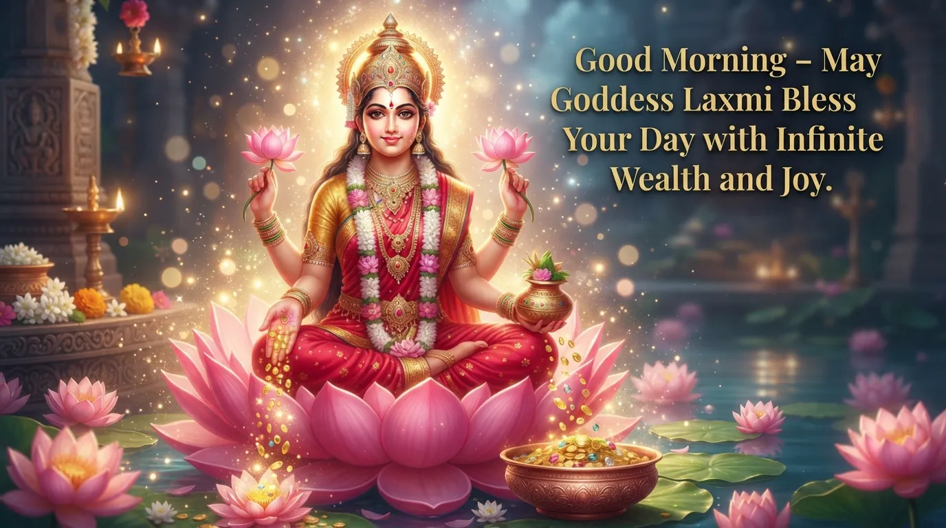 Goddess Laxmi sitting on a pink lotus with golden light and good morning wishes