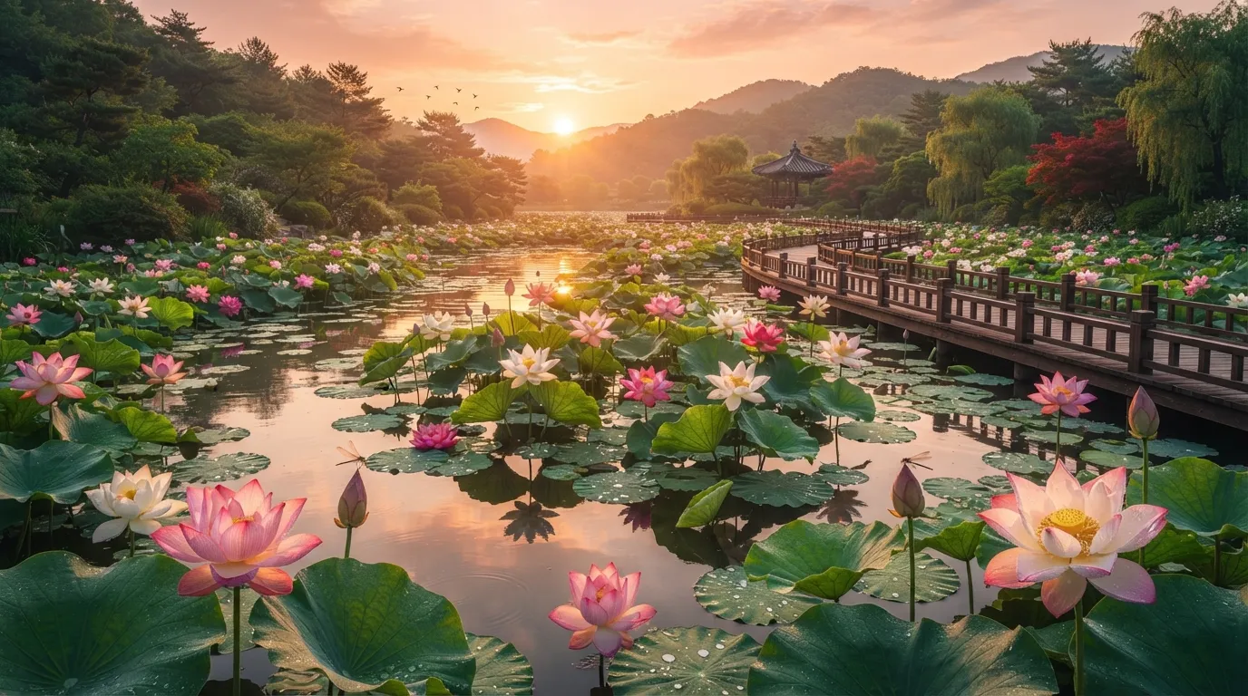 Scenic lotus pond during golden hour sunrise with blooming flowers