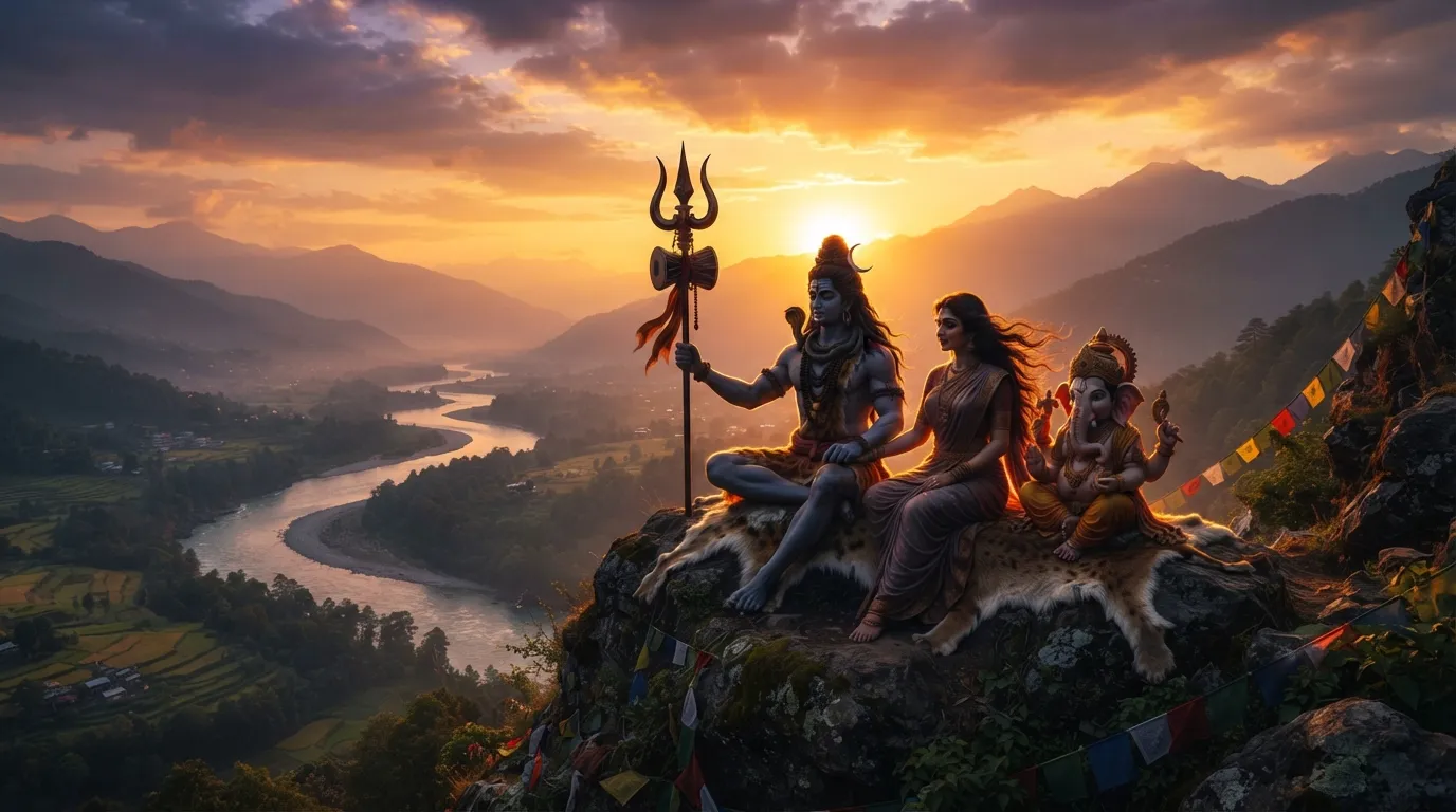 Beautiful golden hour sunset wallpaper of Shiv Parvati Ganesh in high resolution.