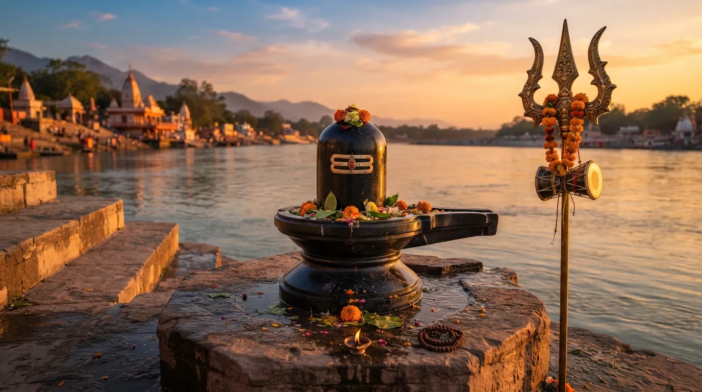 Full hd image of shivling illuminated by the golden rays of a setting sun on a peaceful river bank.