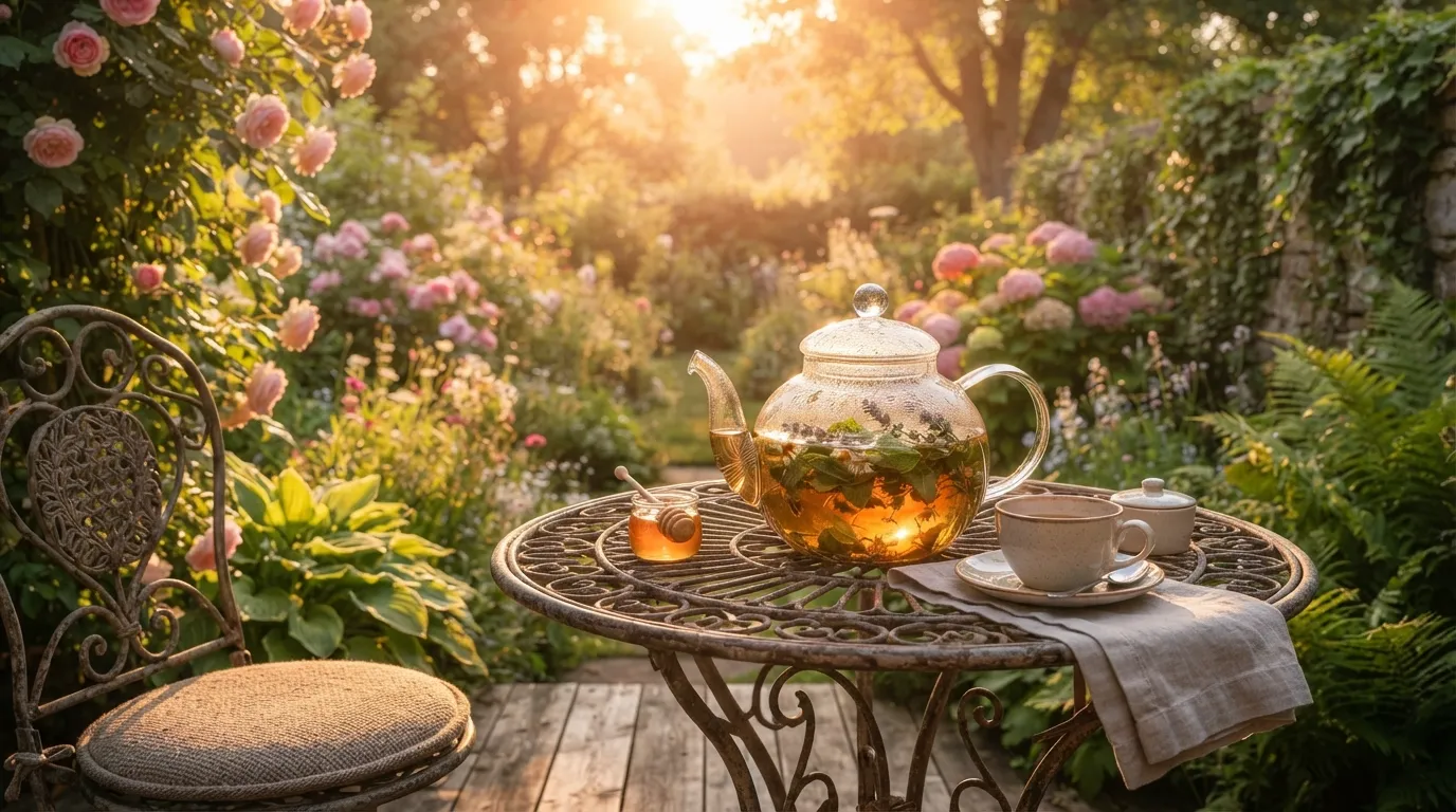 A glass teapot with herbal tea sitting on a garden table during golden hour.