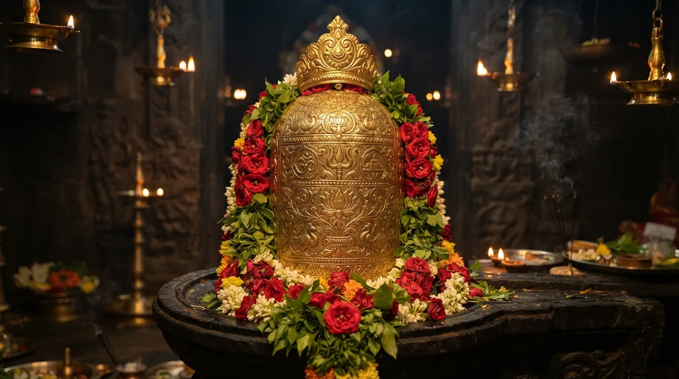 Rameshwaram temple Shivling adorned with intricate golden kavacham inside Karpagragam.