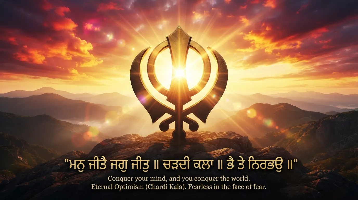 Radiant golden Khanda symbol against a beautiful morning sunrise sky.