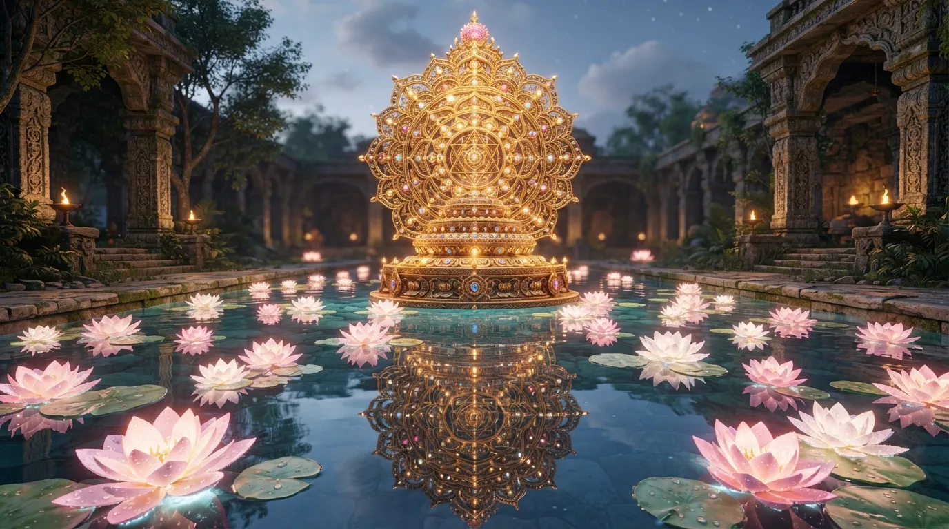 A multi-layered golden mandala rising from a calm sacred pool filled with floating lotuses.