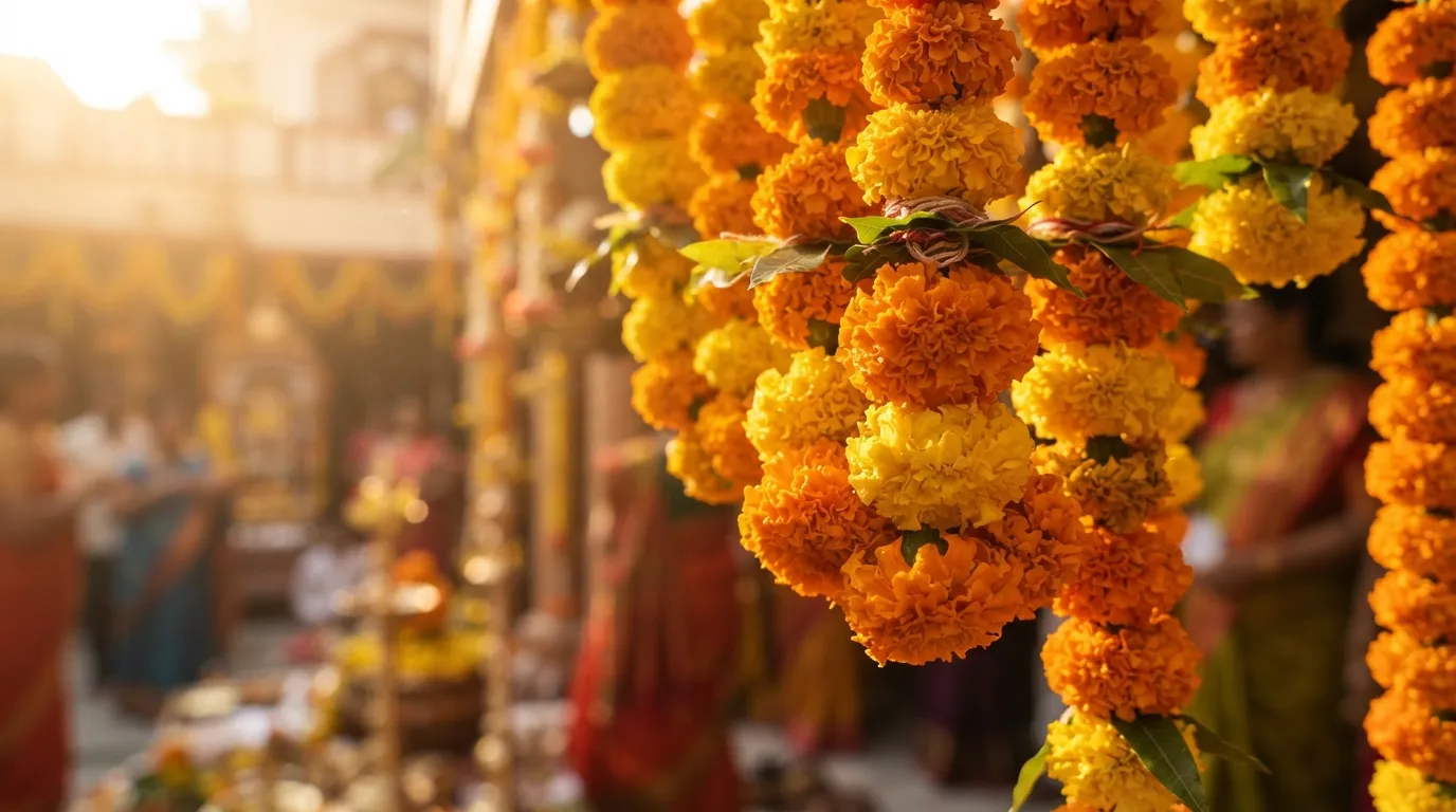 Fresh orange and yellow marigold flower garland glowing in warm morning sunlight