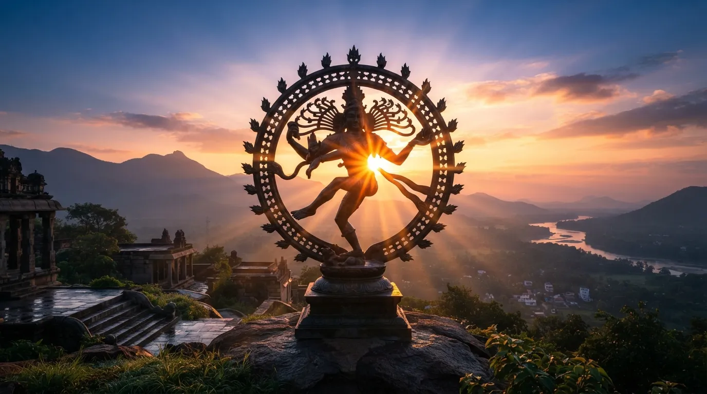 Silhouette of golden nataraja statue against a beautiful bright sunrise sk