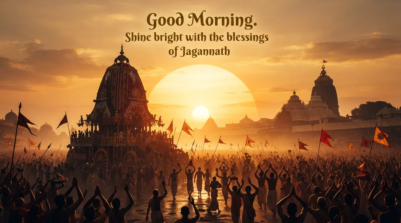 Golden silhouette of Rath Yatra chariot and devotees against a sunrise background.