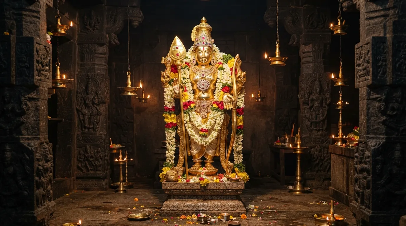 A golden Hindu deity statue standing inside a temple shrine holding a sacred spear, adorned with traditional jewelry and fresh flower garlands.