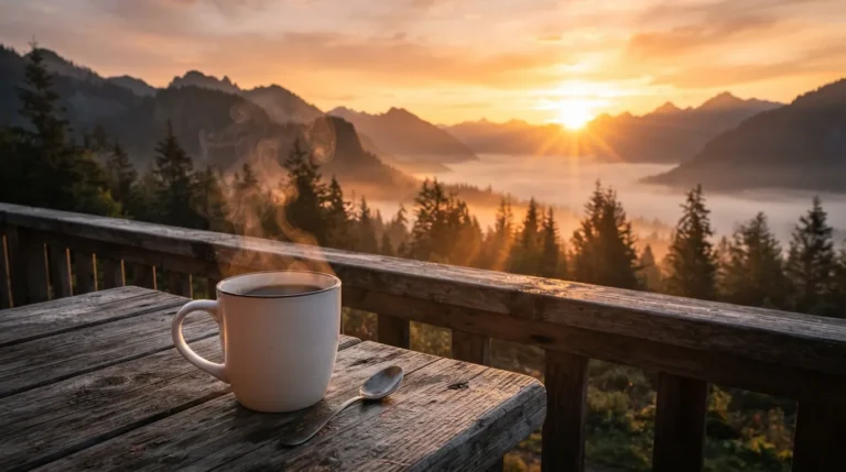A beautiful golden sunrise good morning image featuring a steaming cup of tea on a wooden balcony.
