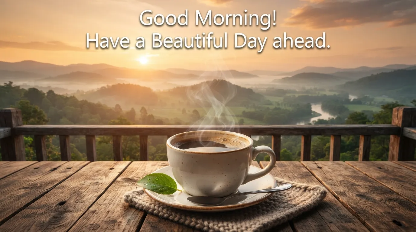 Special beautiful good morning images with a hot coffee cup and golden sunrise background.
