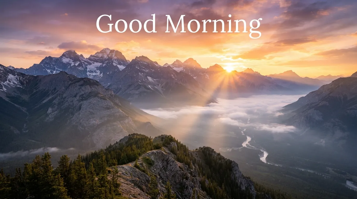 Golden sun rising behind misty mountains with positive good morning quotes