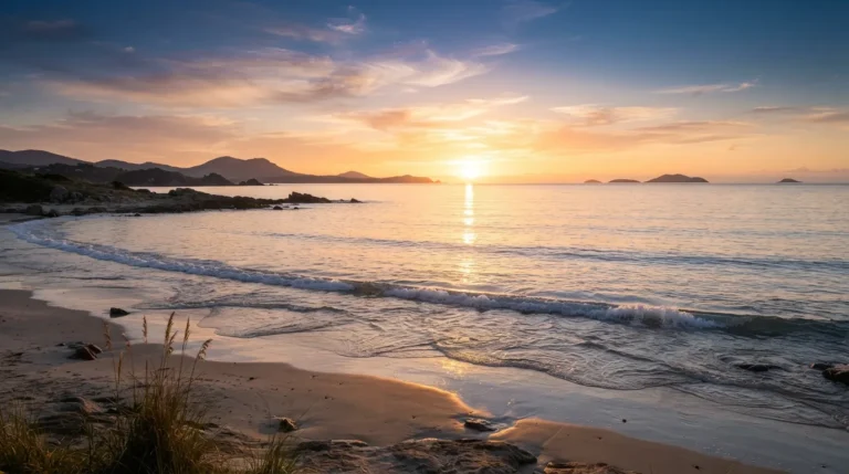 Golden sunrise over calm ocean with positive morning vibes