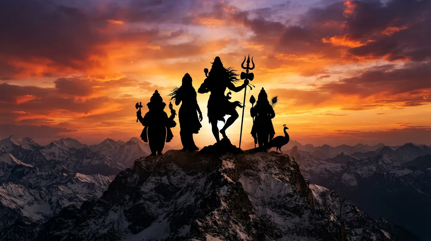 Majestic golden sunset silhouette of Lord Shiva, Parvati, Ganesha, and Kartikeya on a mountain top.