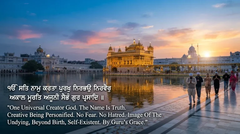 Golden Temple Amritsar at sunrise with Gurbani quote in Punjabi and English.