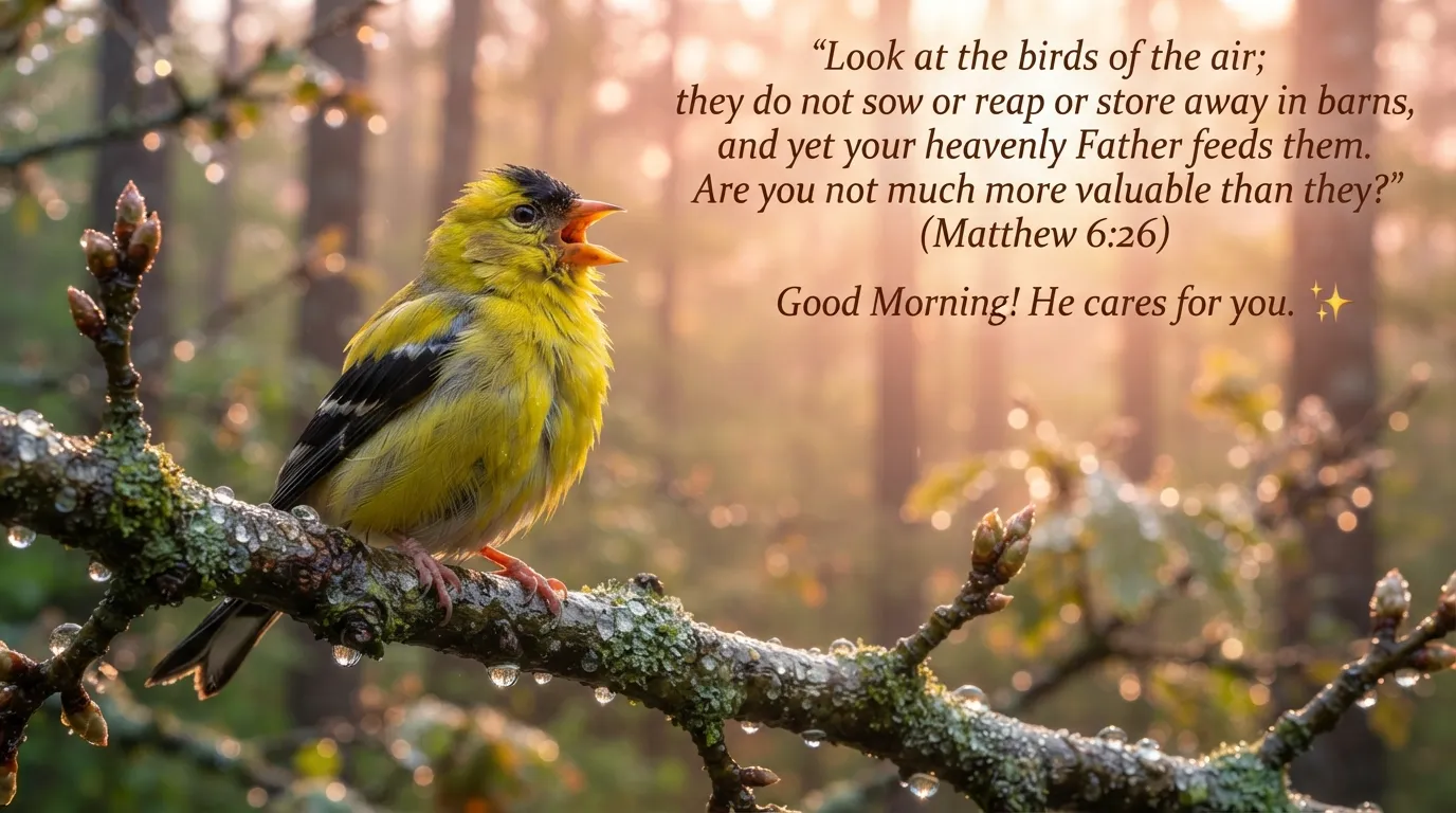 A cheerful morning bird on a branch at sunrise, accompanied by a bible verse for a good morning.