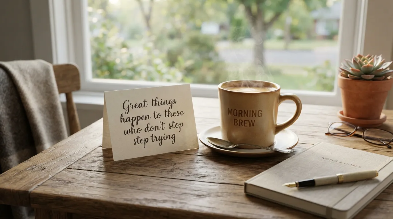 Cozy morning setting with a latte art coffee cup on an open journal and a positive quote.