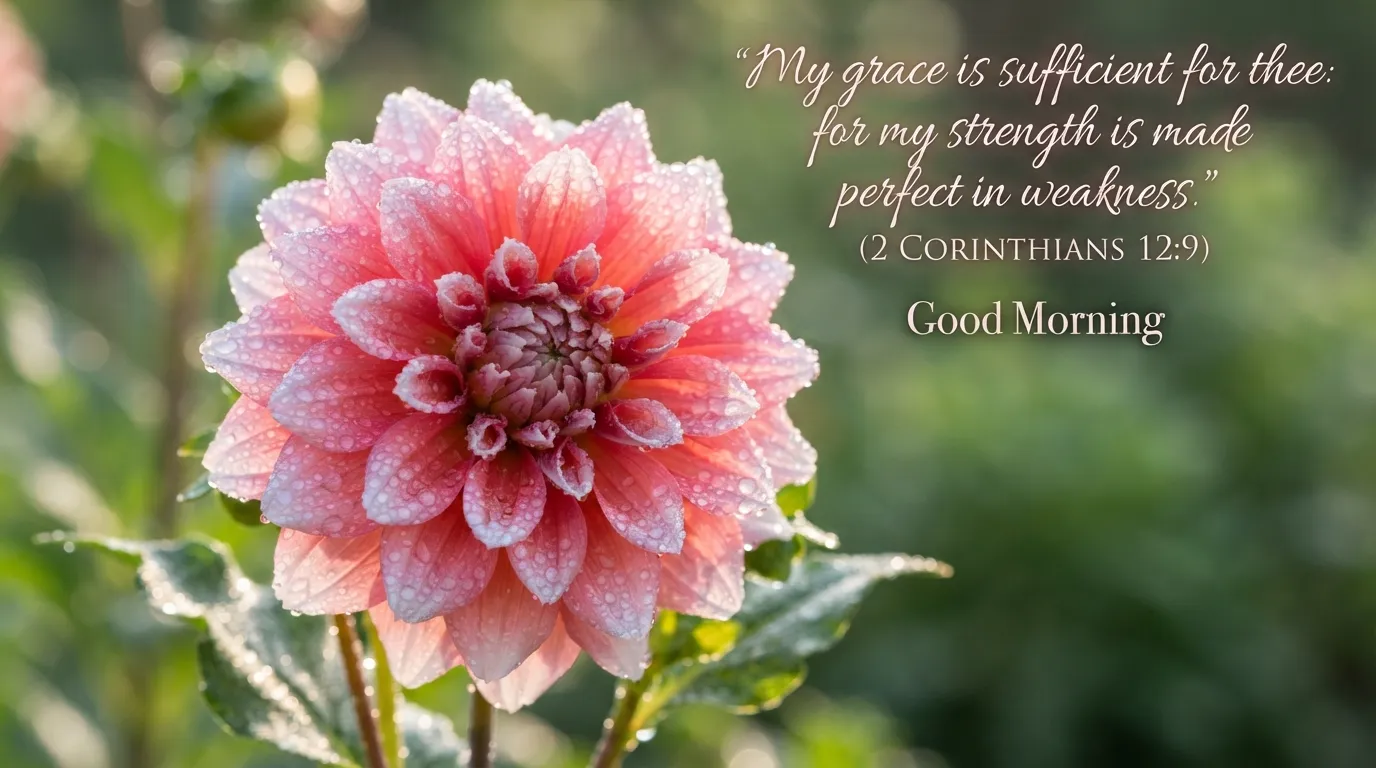 A detailed close-up of a blooming flower with morning dew and a bible verse, a beautiful good morning image.