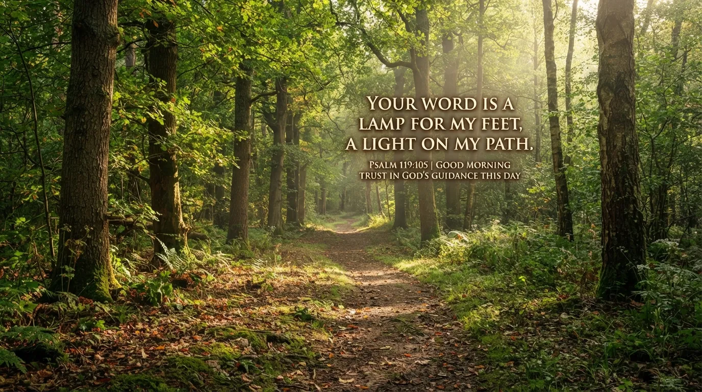 A forest path with sunlight filtering through the trees, accompanied by a bible verse for good morning inspiration.