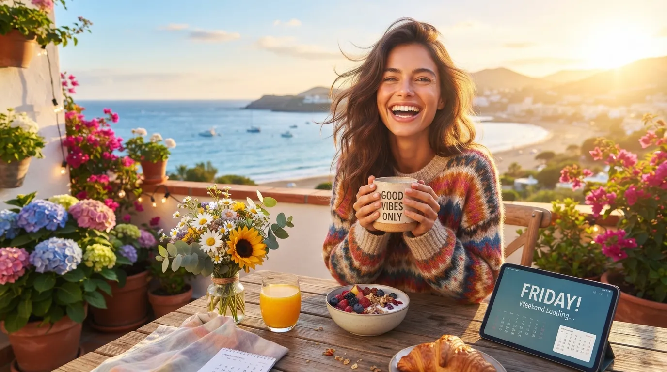 A beautiful and cheerful good morning Friday image with a warm cup of coffee and fresh flowers.