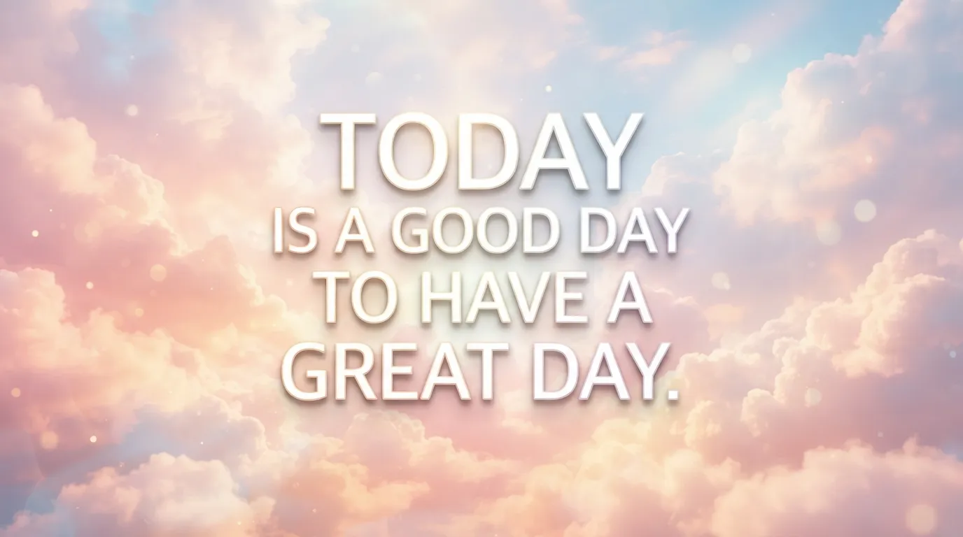 Stylized graphic with the text "Today is a Good Day to Have a Great Day" on a background of soft pastel clouds.