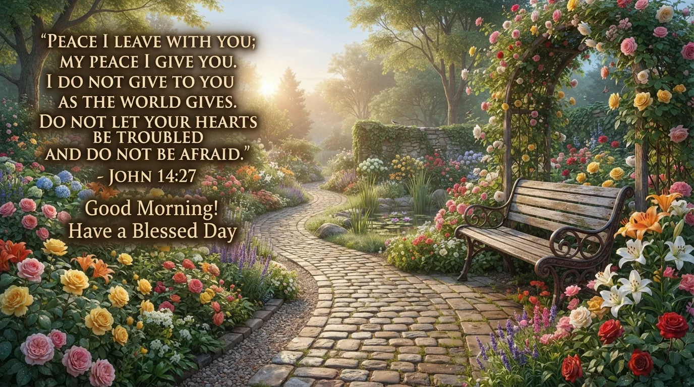 A peaceful garden with a bench and bible verse, a beautiful good morning message for friends and family.
