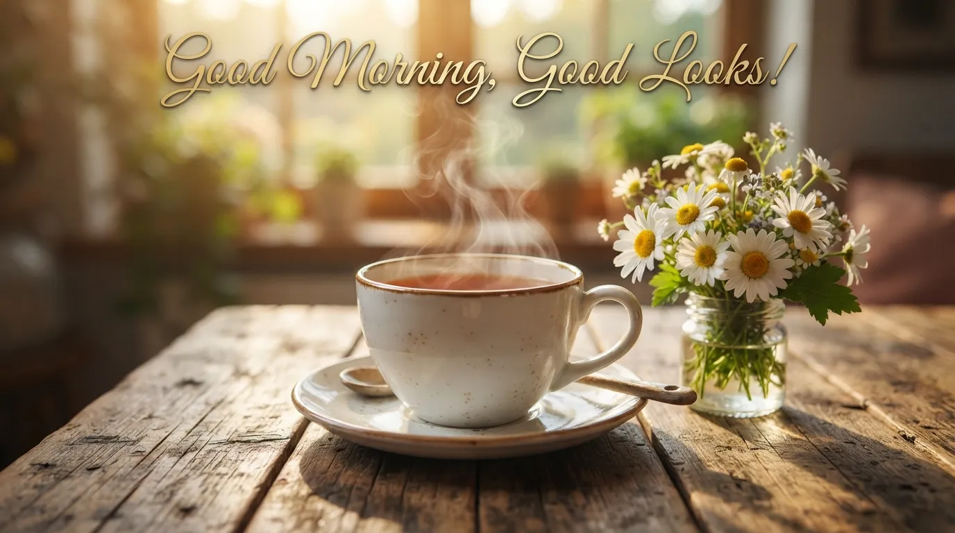 Beautiful morning tea cup with fresh flowers and Good Morning Good Looks text in English.