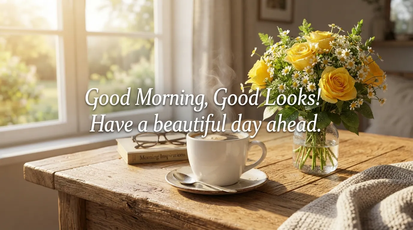 Latest good morning images new with fresh yellow roses and greeting text.