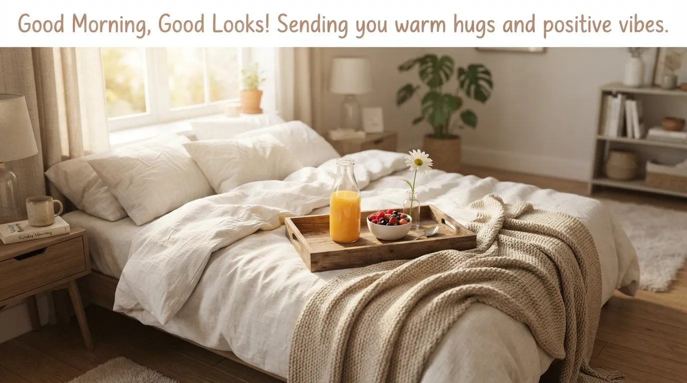 Cozy morning bed setting with warm lighting and good morning text.
