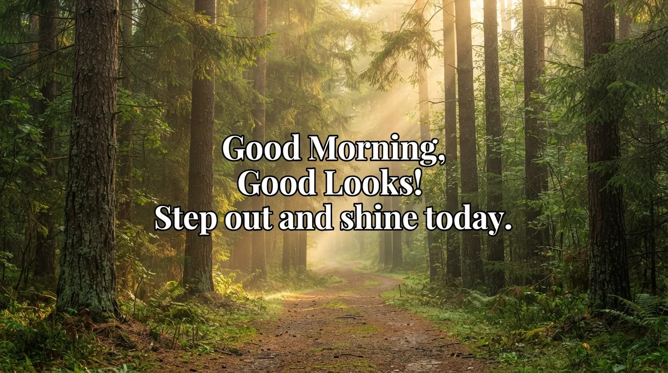 Beautiful morning path in a green forest with sunrise beams.