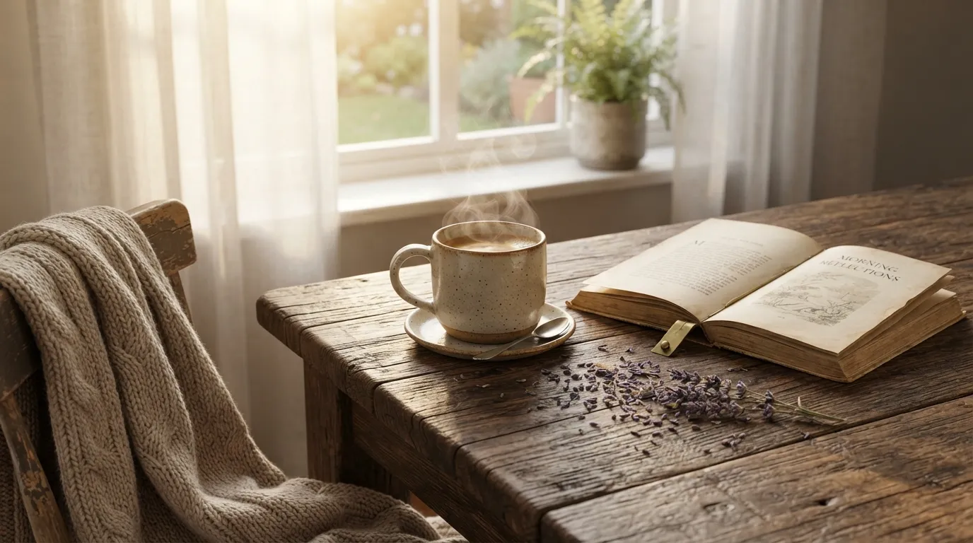 Good morning happy sunday image with a warm mug of coffee on a wooden table