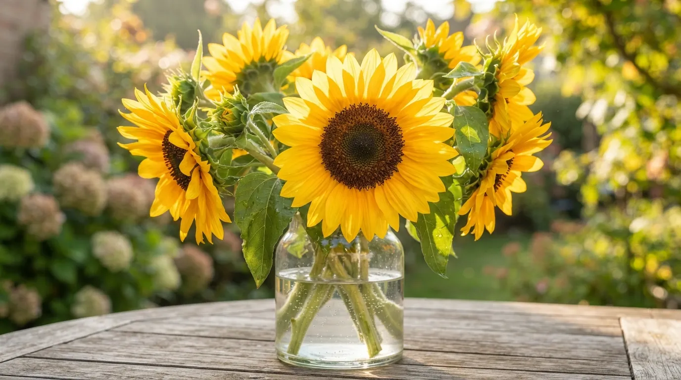 Bright yellow sunflowers with good morning happy sunday greeting text