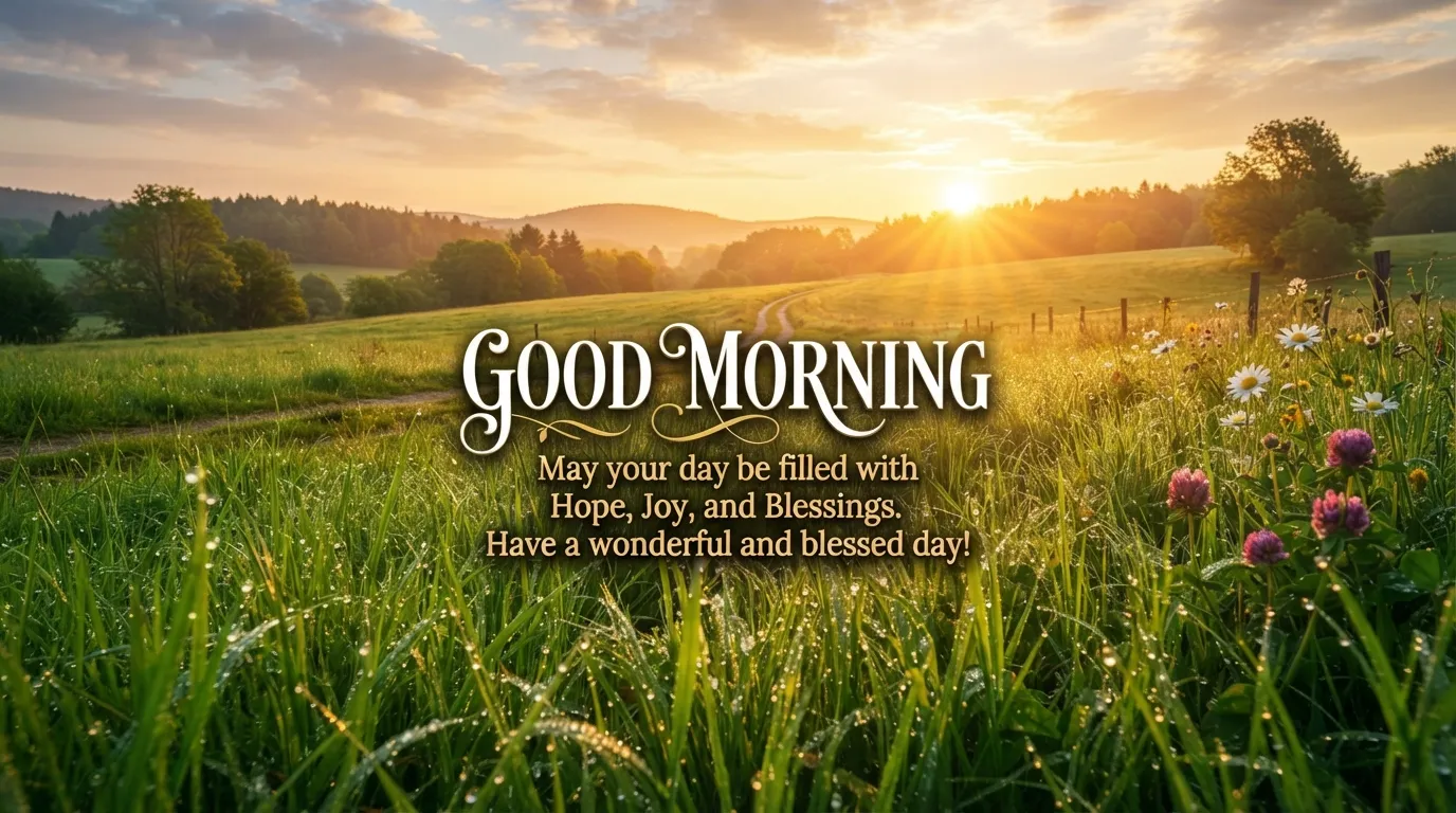 A beautiful and fresh morning landscape with a sunrise and "Good Morning" text available for download.