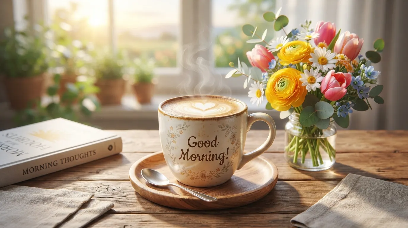 A beautiful good morning image with flowers and a coffee cup, perfect for sharing on WhatsApp.