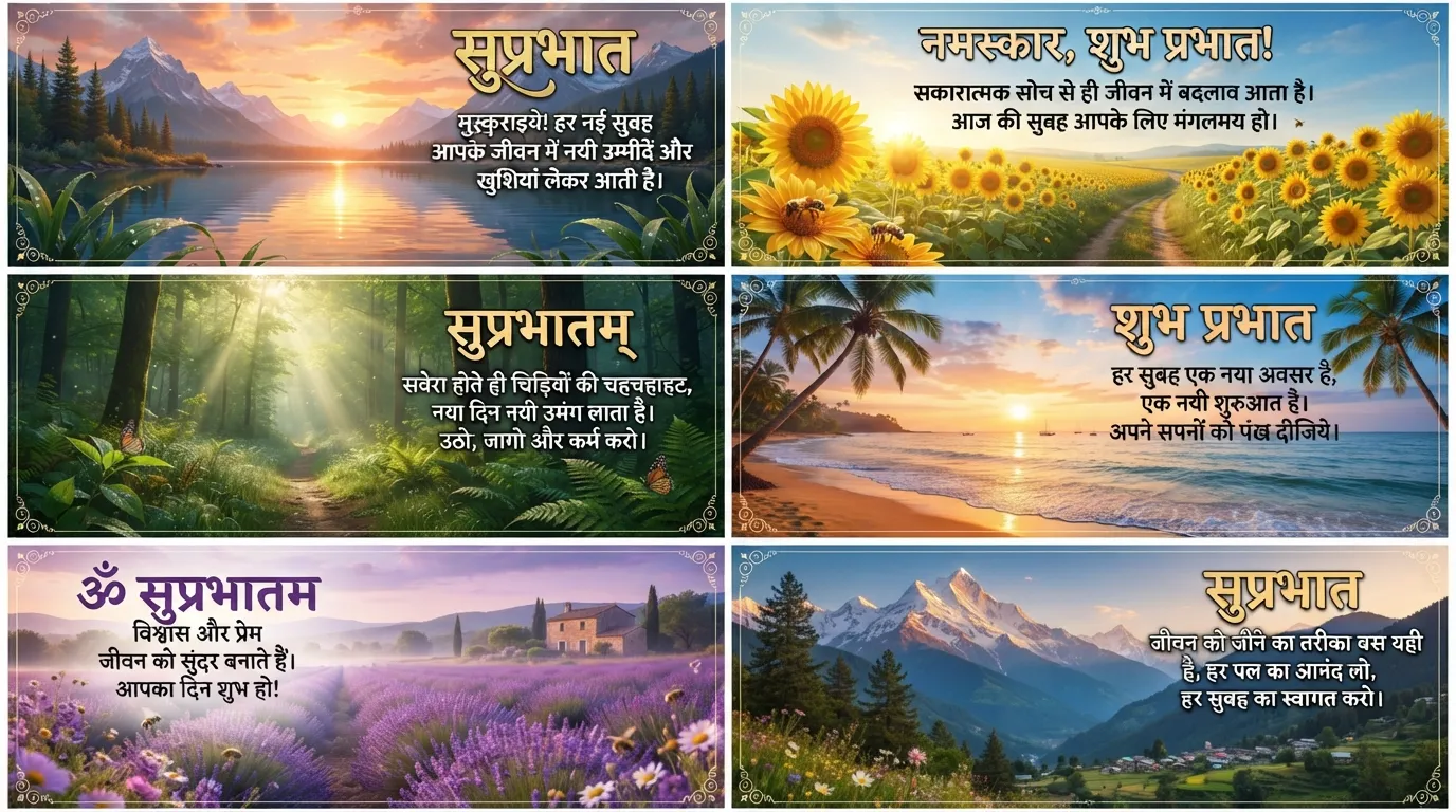 A beautiful morning scene with a warm cup of tea and a sunrise, featuring a Good Morning message written in Hindi text.