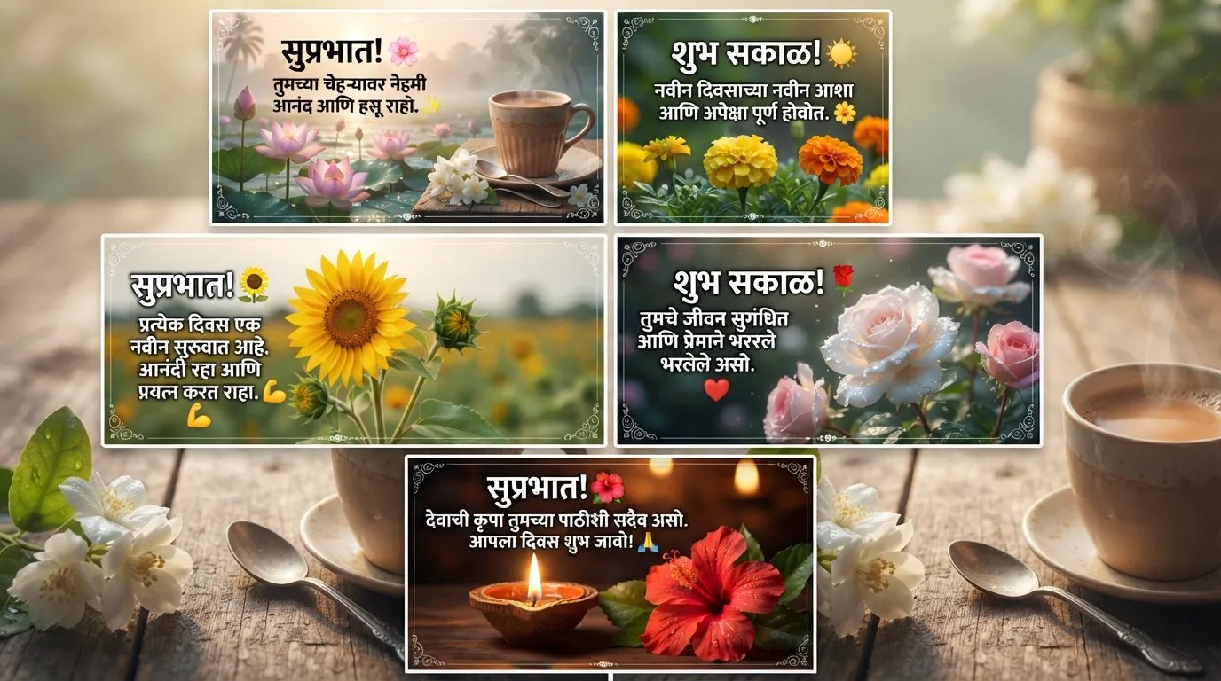 A beautiful morning scene with a greeting message "शुभ सकाळ" (Good Morning) in Marathi text.