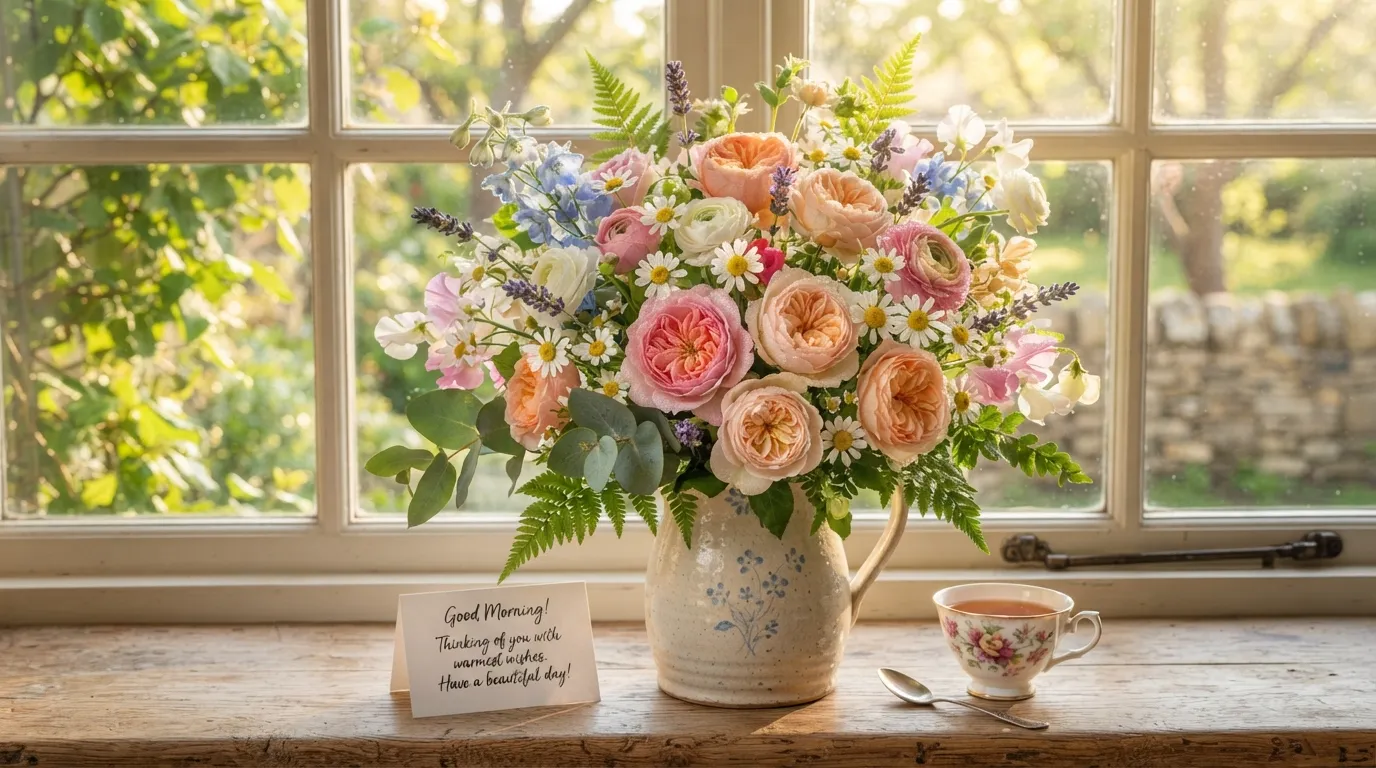 A beautiful bouquet of fresh pink roses and white daisies with a "Good Morning" greeting card on a sunny table.
