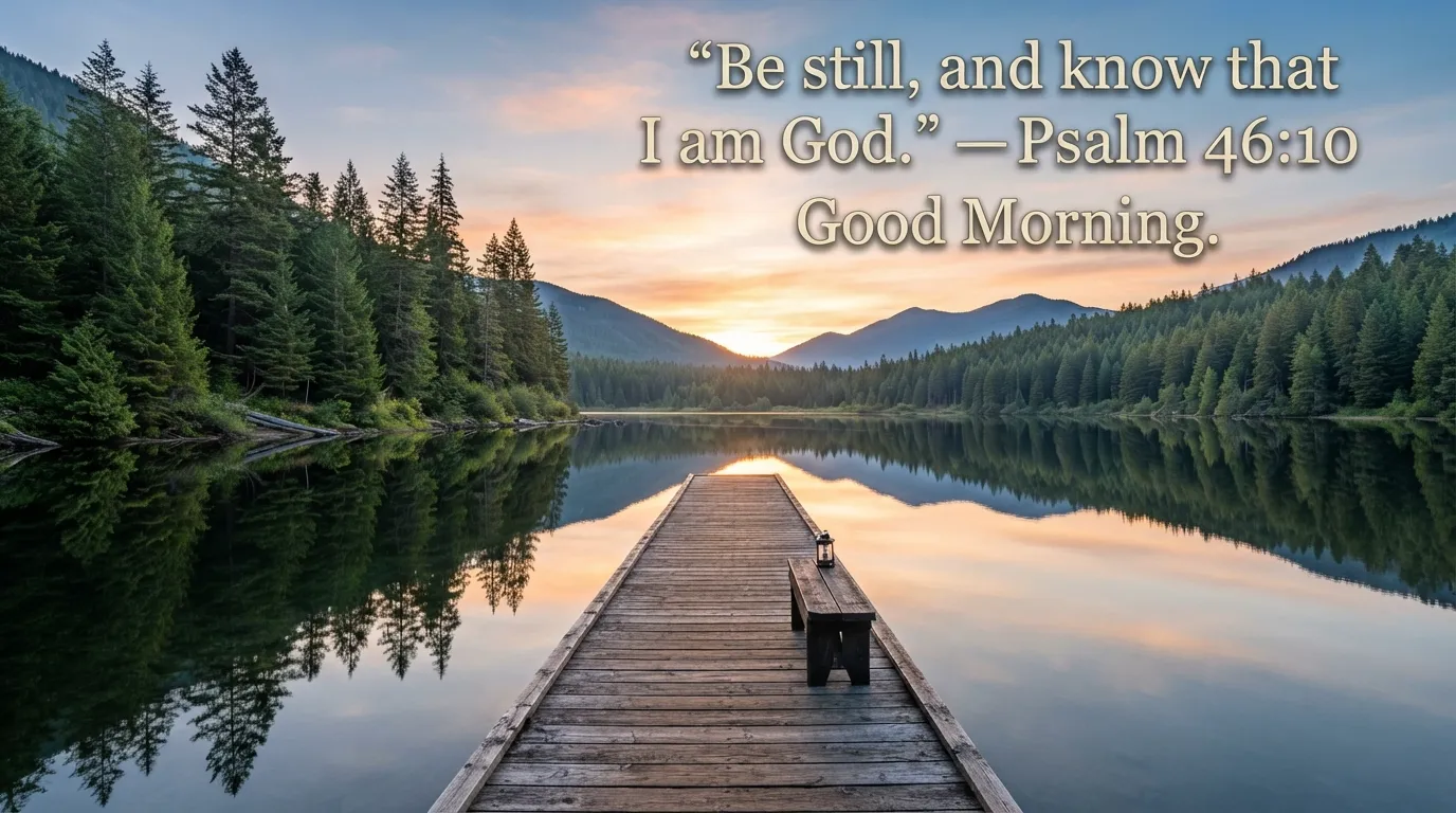A peaceful lakeside reflection with pine trees and a bible verse, ideal for sending good morning wishes.