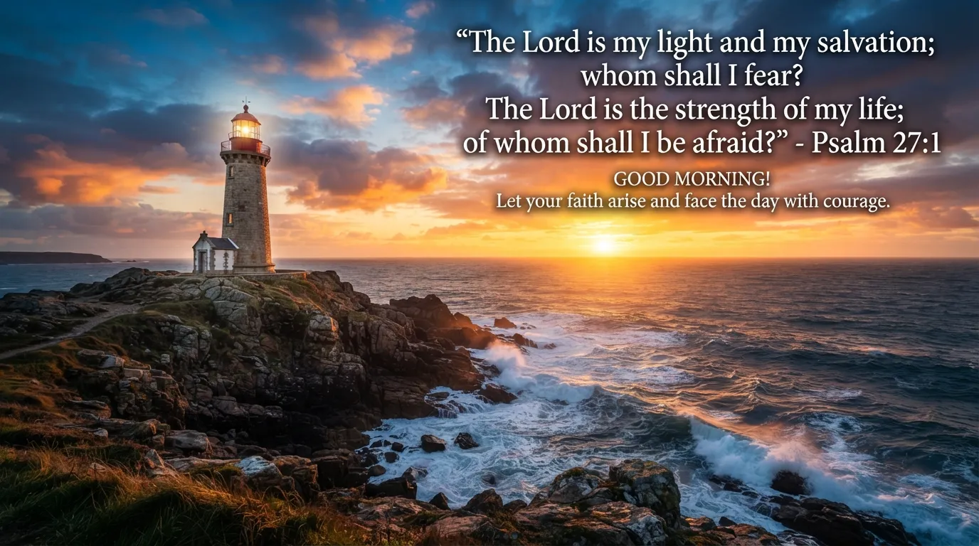 A lighthouse at sunrise with a bible verse, a symbol of hope and guidance for a good morning.